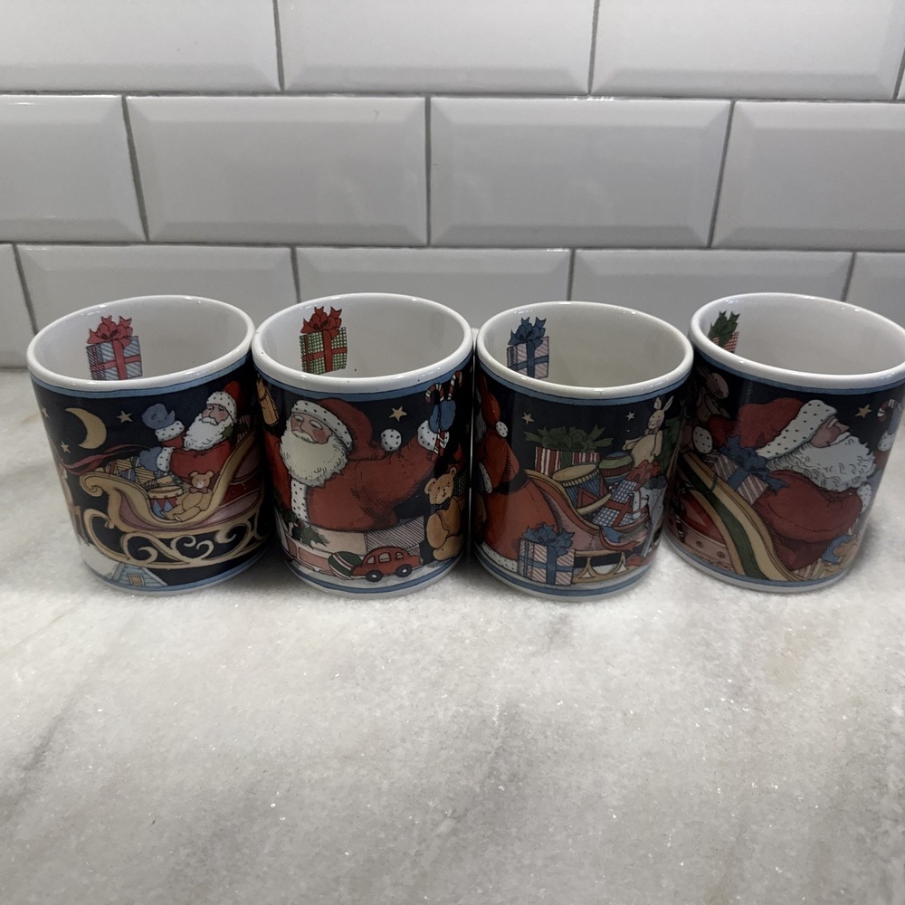 Certified International Susan Winget Holidays Set Of‎ 4 Mugs Santa Sleigh